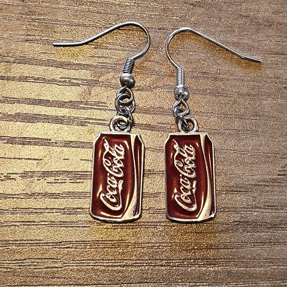 Coca Cola Soda Can Dangle Earrings Red & Silver - Picture 1 of 6